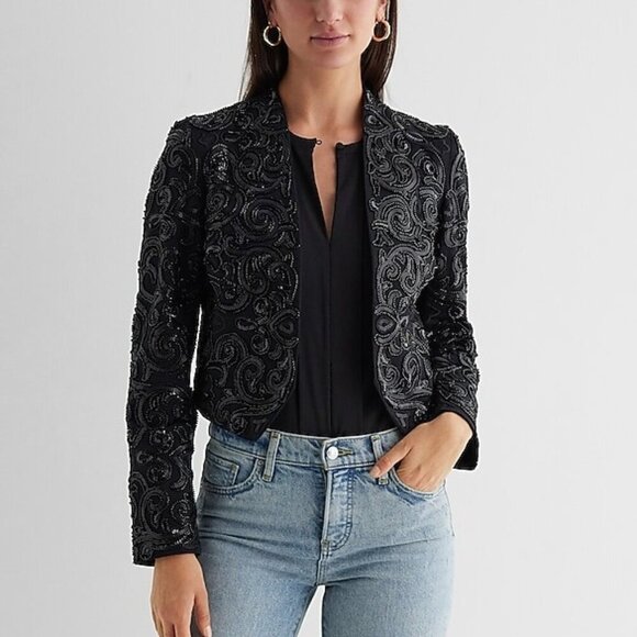 🖤 EXPRESS Black Ornate Beaded Embroidered Cropped Jacket - Picture 1 of 15